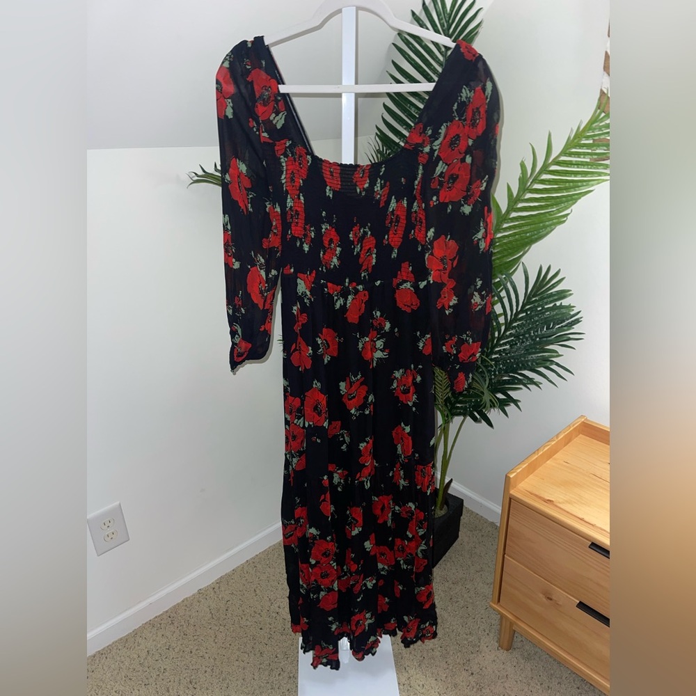 Rixo black red floral Yas long sleeve midi square neck dress size L or 10 - Picture 6 of 8